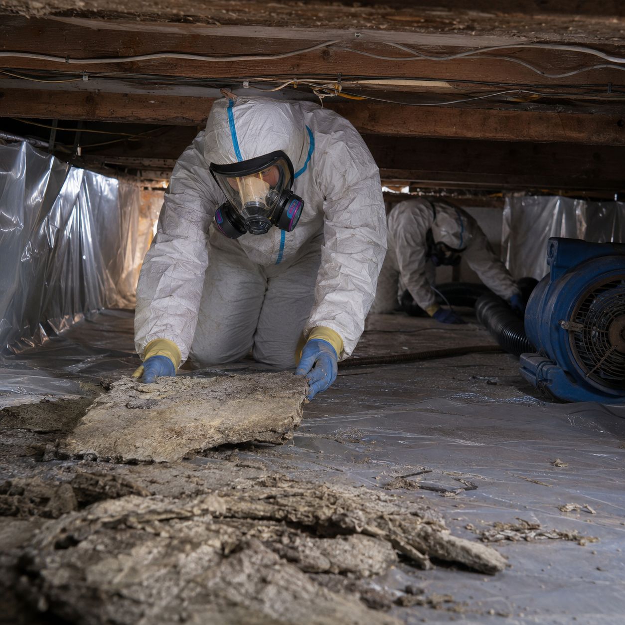 Certified asbestos abatement team in full protective gear