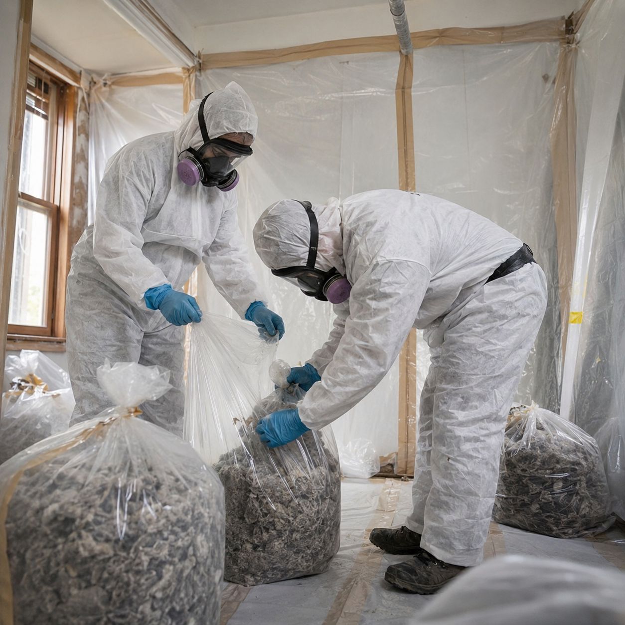 Licensed technicians bagging asbestos waste inside containment zone