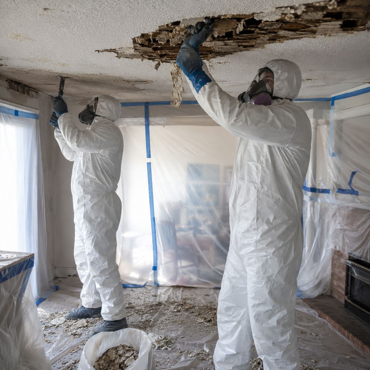 EPA certified specialists performing asbestos pipe insulation removal